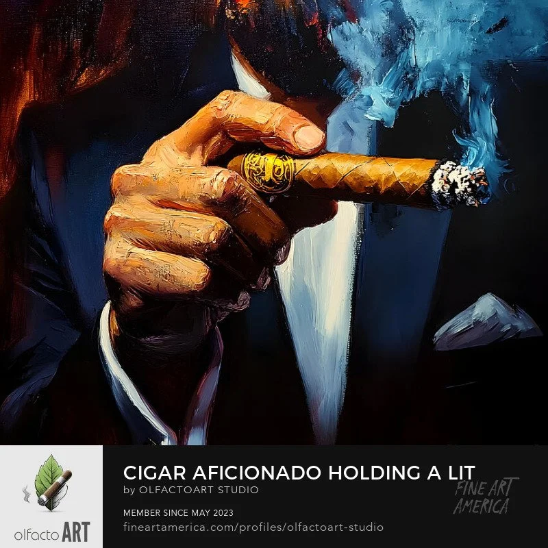 Cigar Aficionado Holding a Lit Cigar with Blue Smoke 

#cigaraficionado
#cigarartwork
#cigarlifestyle
#cigarart
#cigarpassion
#cigarslovers
#habanos
#cuba
#cigarsociety
#art
#artoftheday
#abstractart
#artist
#artwork
#AIart
#ArtificialIntelligence
#D