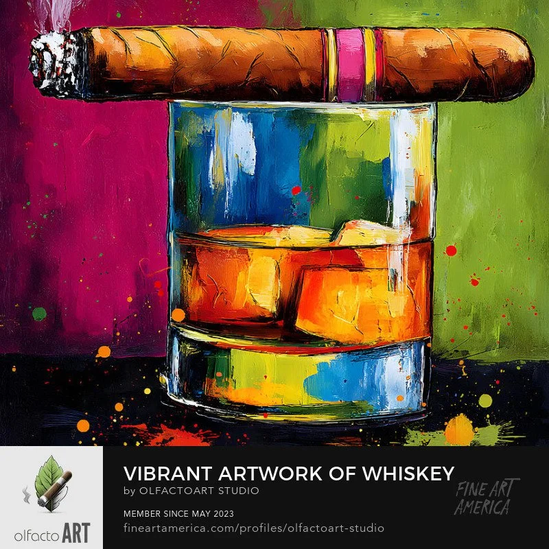 Vibrant Artwork of Whiskey with Ice and Lit Cigar in Colorful Dynamic Composition

#cigar #whiskey #cigarandwhiskey #smokeanddrink #luxury #cigarlover #whiskeylover #pairing #cigarlife #whiskeytime #relaxation #spirits #whiskeyandcigars #cigarsociety
