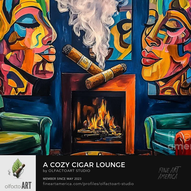 A Cozy Cigar Lounge with Abstract Portraits and Curling Smoke Evoking Warmth, Style and Atmosphere

#CigarLounge #CigarLife #CigarAficionado #Cigars #CigarLovers #CigarCulture #CigarSmoking #CigarCommunity #CigarAficionados #CigarTime #CigarAddict #C