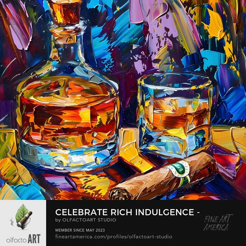Celebrate Rich Indulgence - Whiskey Bottle, Amber Glass, and Cigar Amid Vibrant Purple and Yellow

#WhiskeyArt #CigarCulture #FineSpirits #WhiskeyLovers #CigarLounge #LuxuryLifestyle #ModernIndulgence #AbstractStillLife #ExpressiveArt #BoldColorArt #