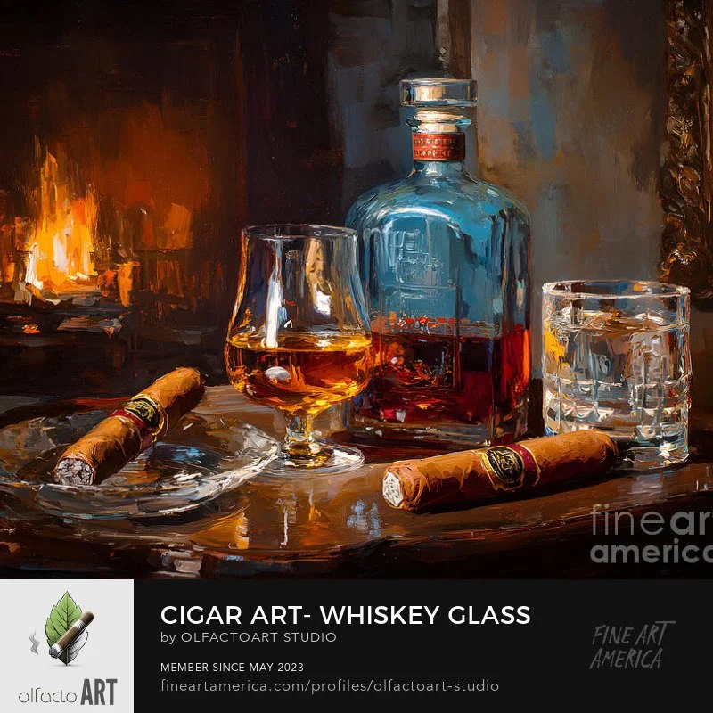Cigar Art- Whiskey Glass and Two Cigars on Wooden Table by Cozy Fireplace

#CigarArt #WhiskeyLovers #Cigars #WhiskeyAndCigars #CigarLife #ArtOfCigars #CigarCulture #WhiskeyTime #CigarAficionado #FineCigars #WhiskeyTasting #CigarLifestyle #CigarLovers