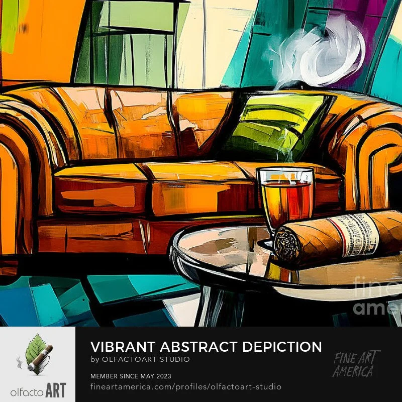 Vibrant Abstract Depiction of a Cigar Lounge with Leather Couch, Whisky, and Cigar

#cigarlounge #cigar #cigars #cigarlovers #cigarfriends #cigarcommunity #cigarlife #cigaraficionado #cigarsofinstagram #cigarsmoker #cigarbars #cigarexperience #cigare