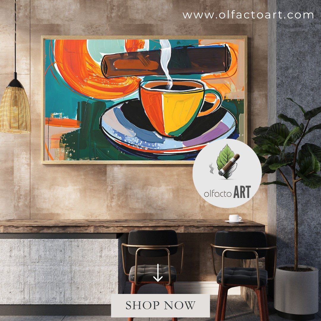 Now on OlfactoART.com
Coffee Cup with Steam and Cigar on Saucer - Dynamic Abstract Background in Bold Orange, Teal

https://fineartamerica.com/featured/coffee-cup-with-steam-and-cigar-on-saucer-dynamic-abstract-background-in-bold-orange-teal-olfactoa