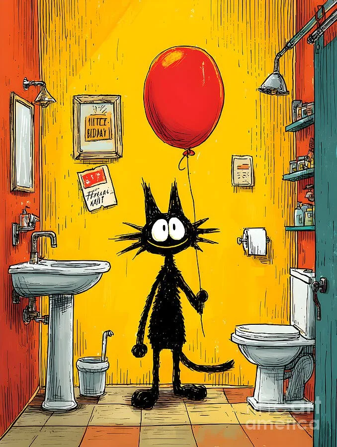 Birthday Mood Not Fully Activated Says This Black Cat Holding a Balloon Funny Comic Art
