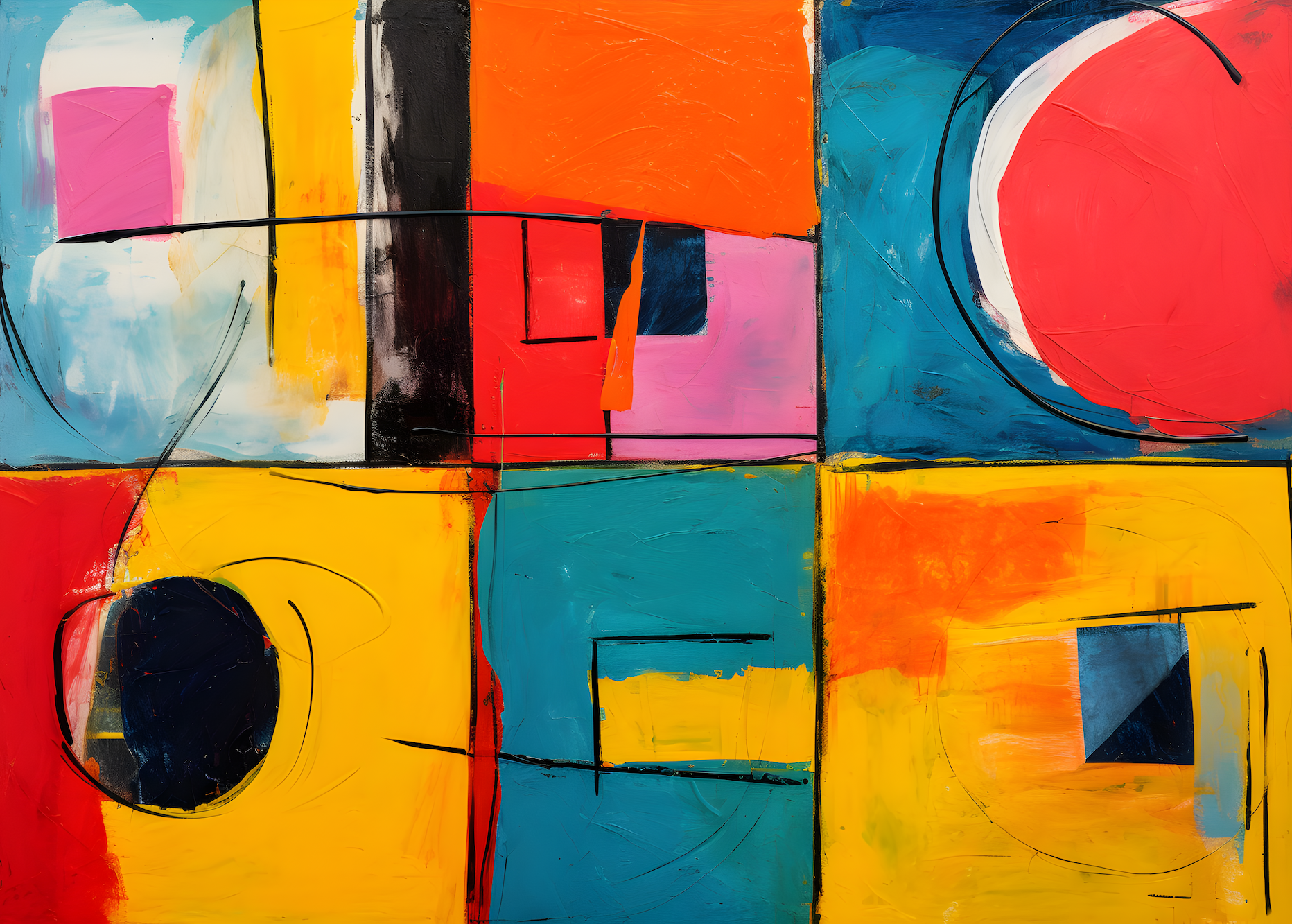 Bold Geometry in Motion - Vibrant Circles, Rectangles, and Lines Creating Dynamic Visual Rhythm
