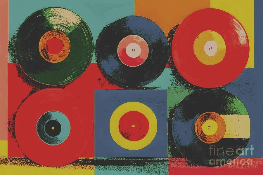 Abstract art featuring six vinyl records of various colors and sizes arranged on a multicolored background.