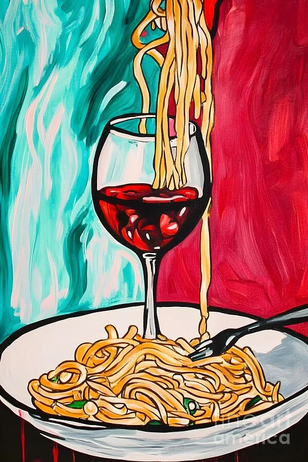 Red Wine and Spaghetti Playful Noodles and Vibrant Background