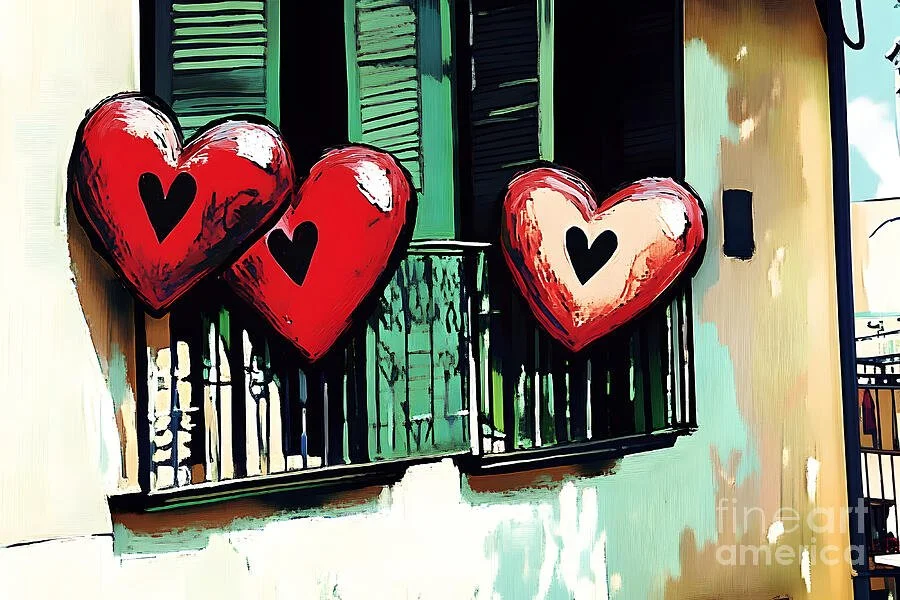 Romantic Rustic Charm - Bold Valentine Hearts on a Balcony with Green Shutters