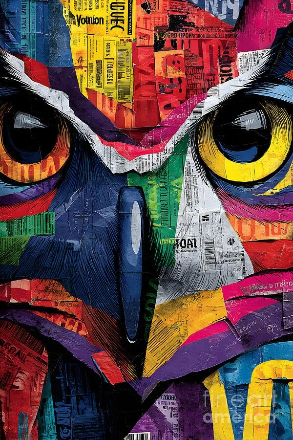 Paper Collage Owl - Bright and Playful Wildlife Portrait for Modern Spaces