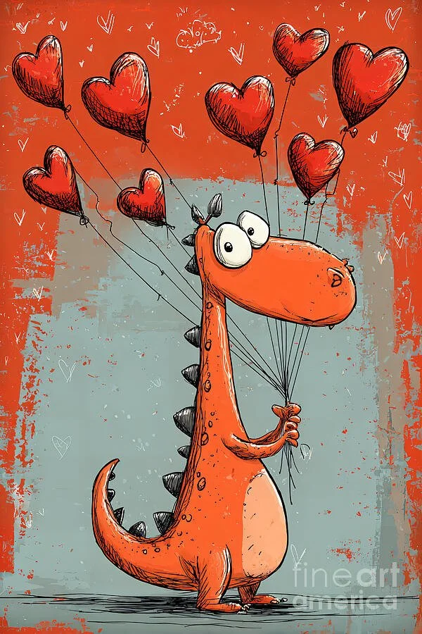Funny Cute Dinosaur in Love Holding Heart Balloons A Humorous and Whimsical Valentine's Scene