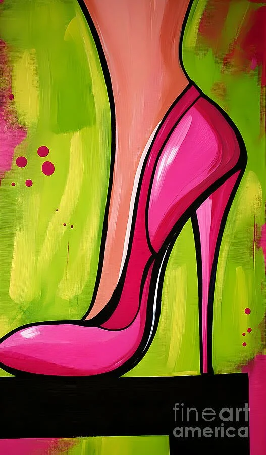 Stylized High-Heeled Shoe Art - Bright Pink Shoe with Vivid Green Background and Dynamic Colors