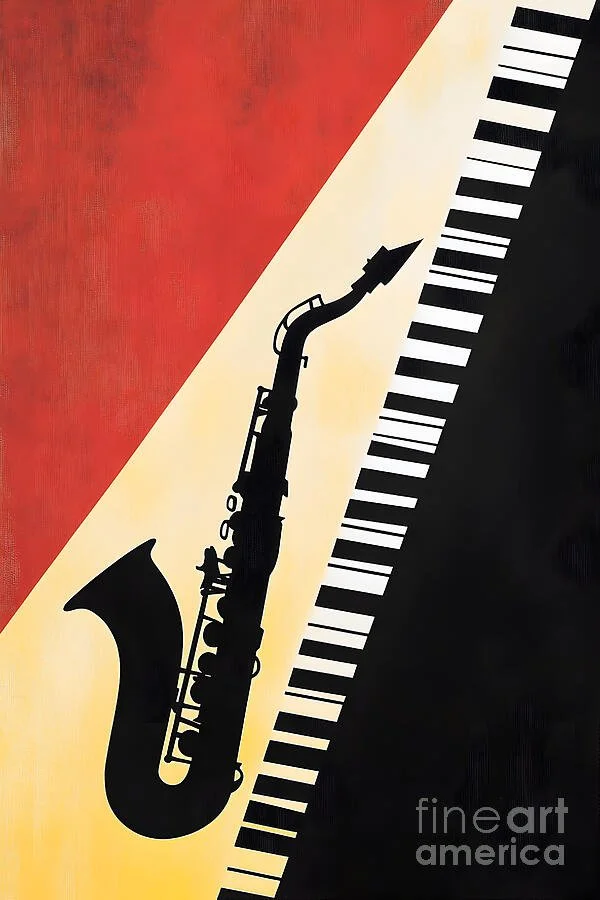 Black Silhouette of Saxophone Against Vibrant Red and Yellow Background with Diagonal Piano Keys