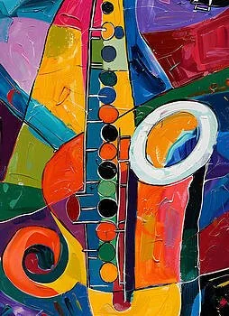 Musical Fusion- Vibrant Saxophone Collides with Dynamic Shapes in Abstract Harmony