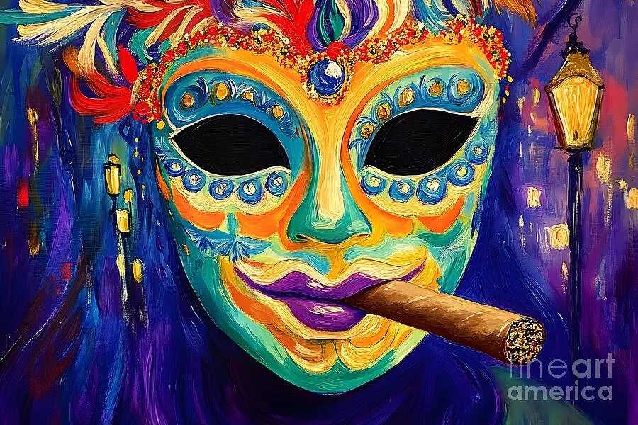 Mardi Gras Whispers in the Smoke - A Masked Reveler in Festive Splendor