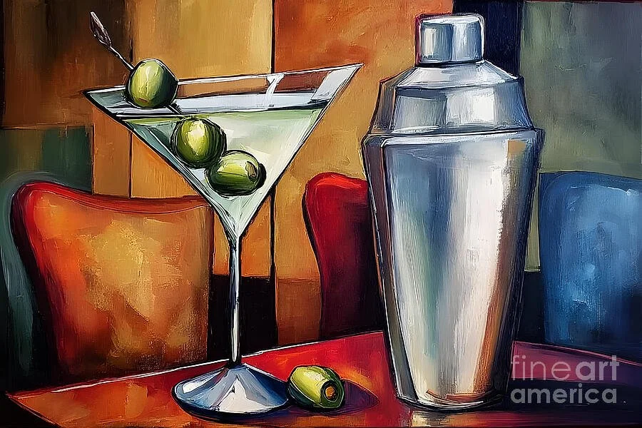 Martini Ritual with Olives and Silver Shaker on a Vibrant Abstract Table
