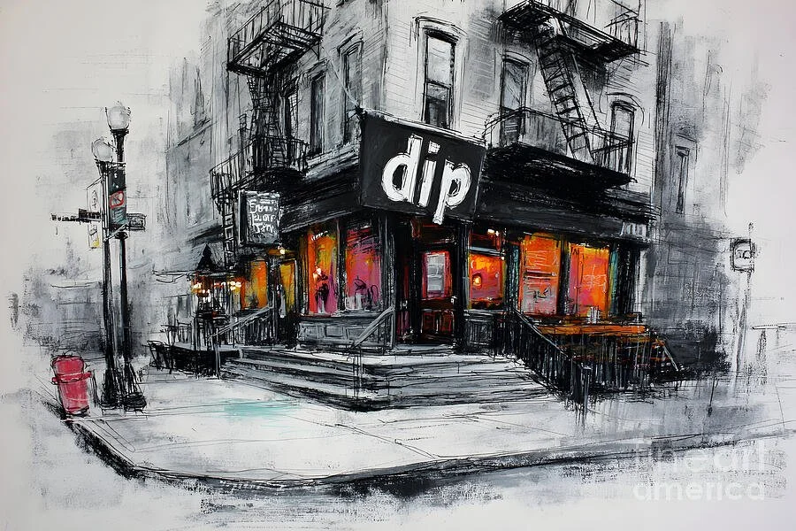 Step Into Dip - A Vibrant Abstract Celebration of Urban Cafe Energy and City Life