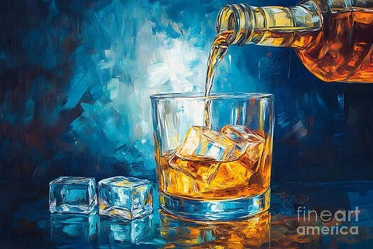 Pour the Refreshment - Ice and Amber Whiskey Dance in Bold, Dynamic Hues