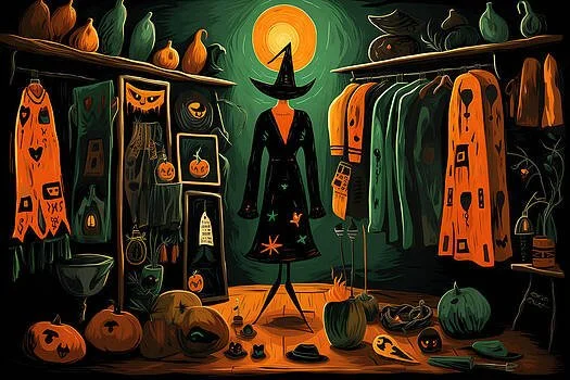 Enigmatic Halloween- Broom Closet and Pumpkins in Modern Abstract Styles