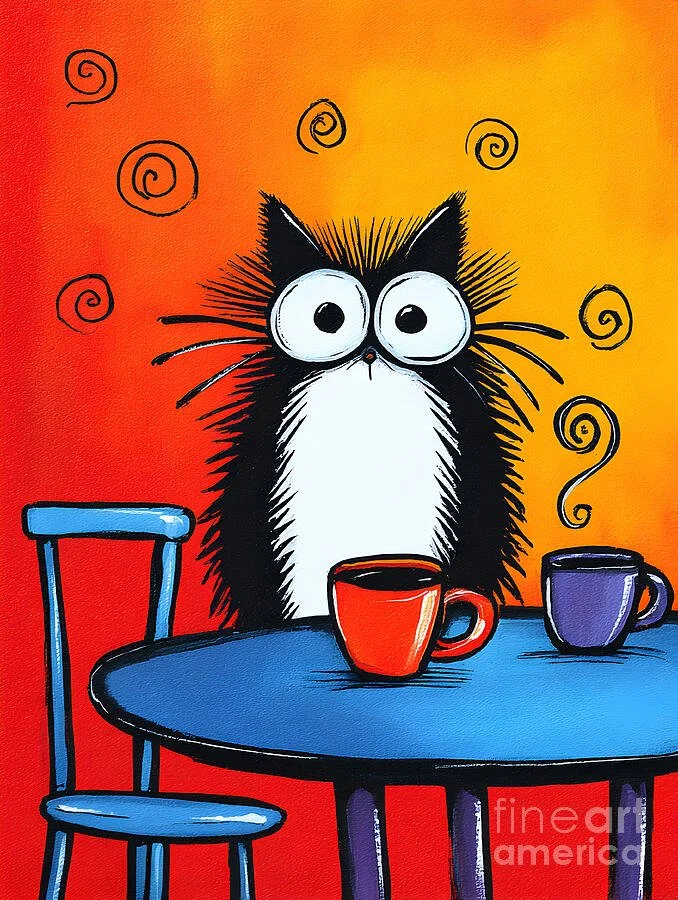 Double Shot Drama- Wide-Eyed Cat Navigates a Two-Cup Morning Crisis