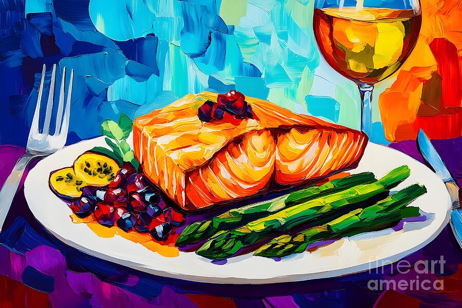 Vibrant Salmon Feast with Asparagus and White Wine Abstract Culinary Art