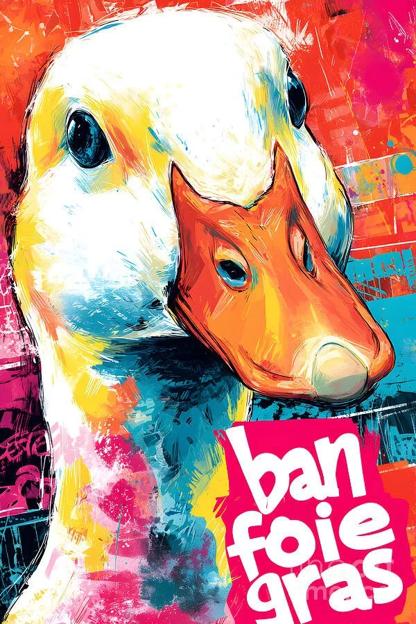 Stand with Compassion Through Colorful Duck Protest Art with Bold Anti Foie Gras Message
