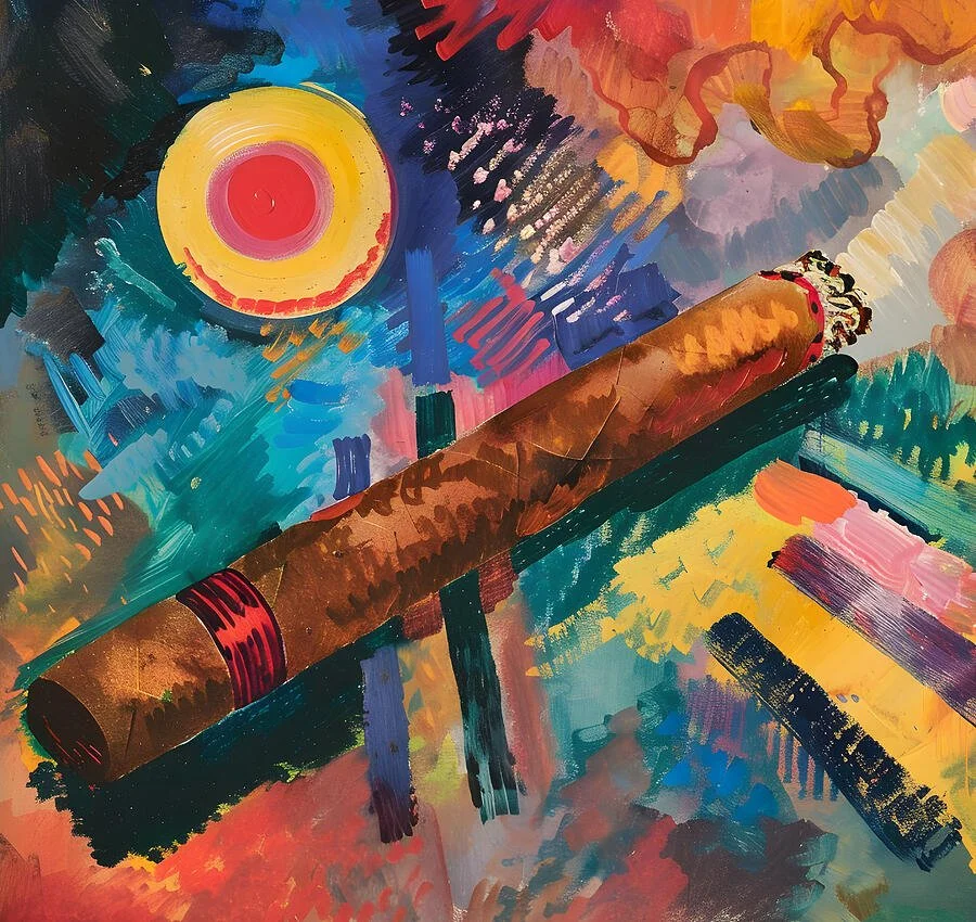 Harmonious Abstractions- Geometric Precision and Bold Brushwork in a Cigar Lounge Portrait