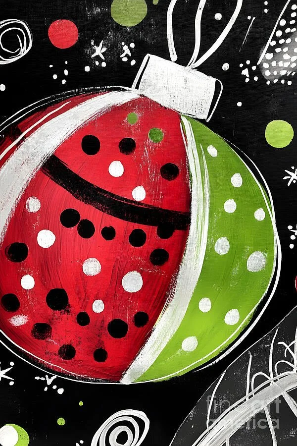 Decorative Christmas Ornament with Bold Red and Green Polka Dots and Swirling Lines