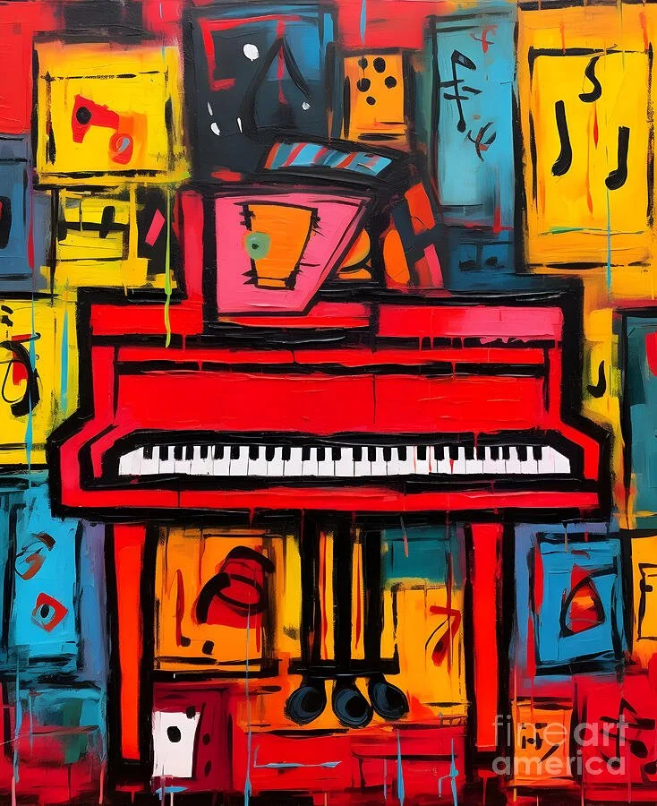 Vibrant Red Piano Amidst a Colorful Symphony of Abstract Shapes and Musical Notes