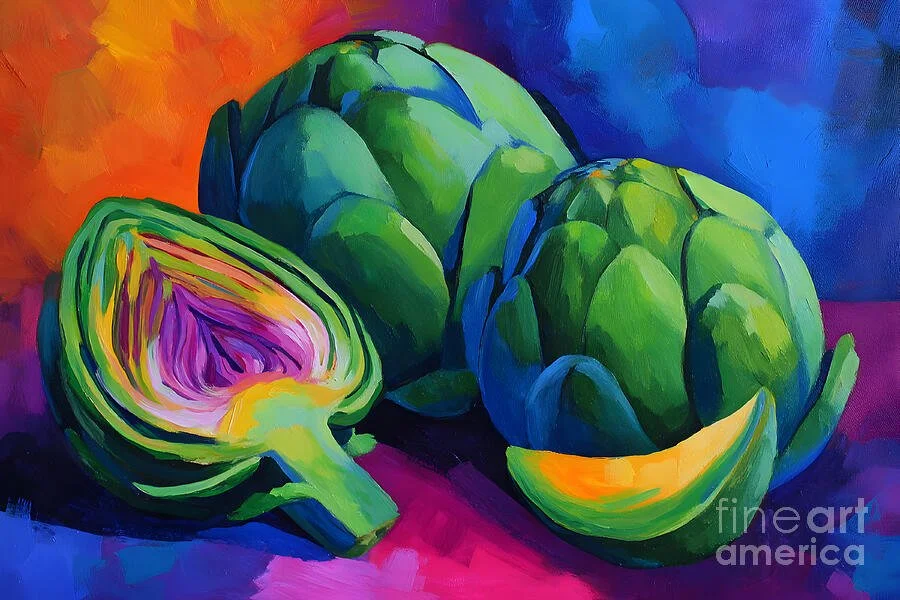 Colorful painting of three whole artichokes and one sliced artichoke showing purple and green interior