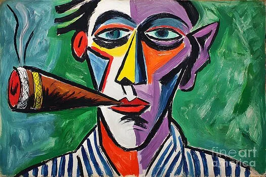 Bold Abstract Portrait with Striped Shirt and Cigar in Vibrant Geometric Shapes
