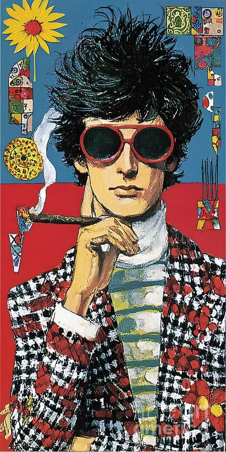 Light Up the Swinging Sixties - Stylish Man with Cigar Amid Vivid Patterns and Playful Energy