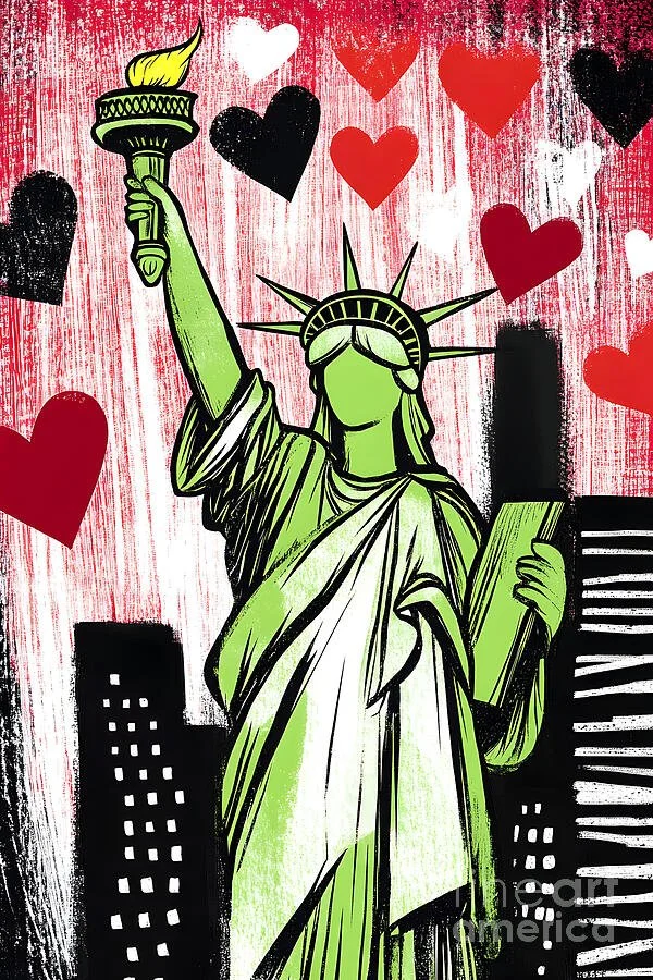 Statue of Liberty Surrounded by Bold Red and Black Hearts - A Modern Valentine Day Tribute