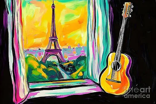 Eiffel Tower and Colorful Guitar Lively Parisian View with Bright Energy