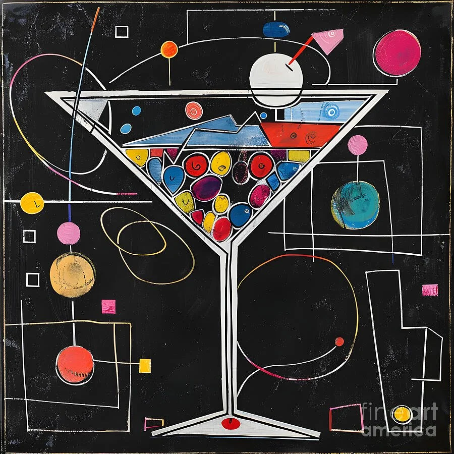Dynamic Martini Fusion- Vibrant Shapes in Motion on Black Canvas