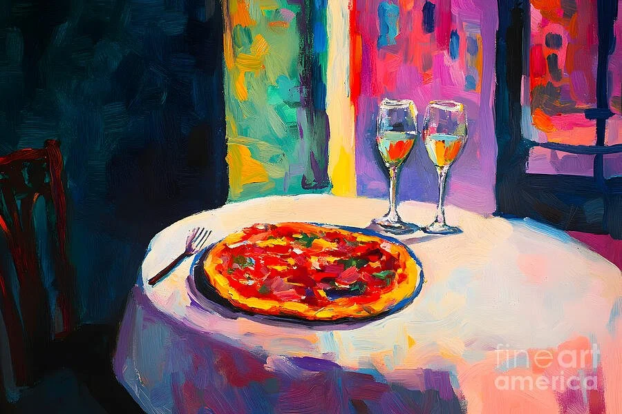Celebrate Flavor and Friendship - Vibrant Pizza and Wine Setting Amid a Festive Abstract Backdrop