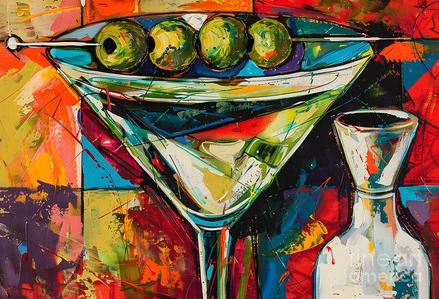 Dynamic Martini Splash- Colorful Glass and Shaker on Abstract Canvas
