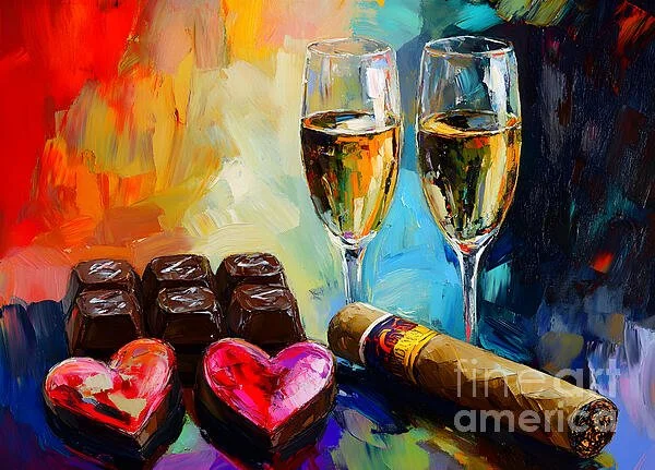 Valentine Day Champagne, Heart-Shaped Sweets, and a Cigar in a Swirl of Romantic Colors