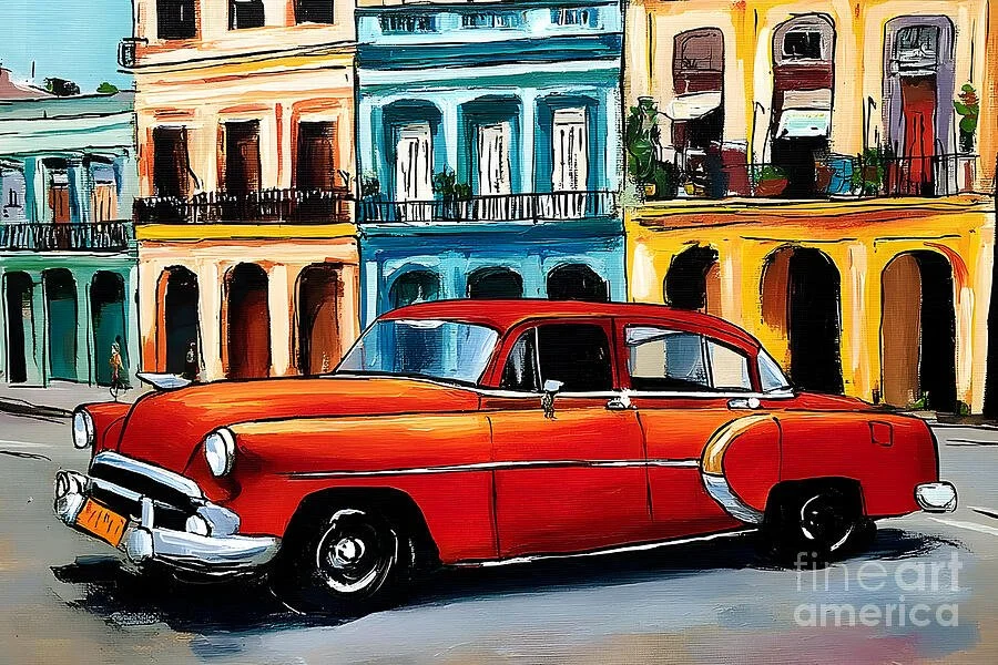 Cruising Through Color - Red Vintage Car Amid Havana's Historic Charm