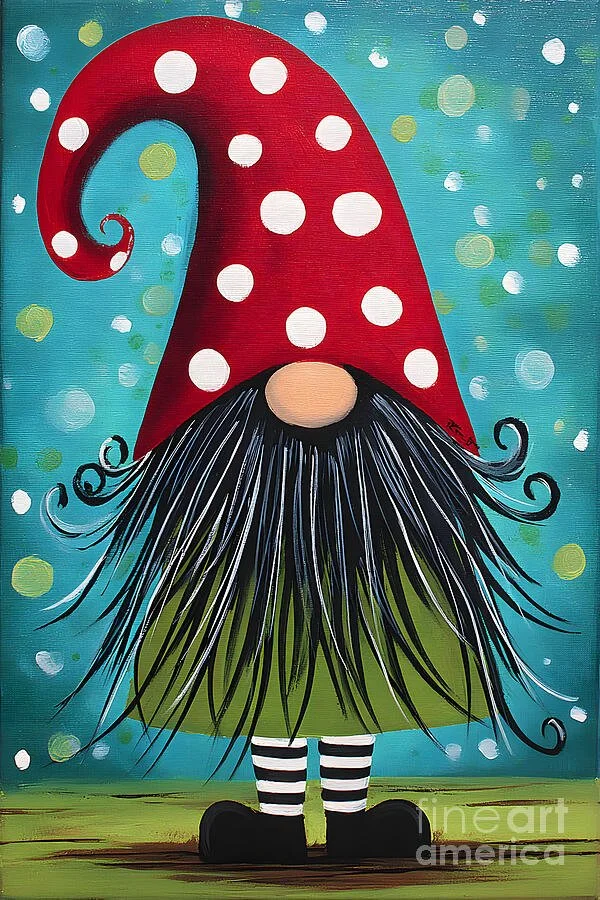Polka Dot Joy- Cheerful Red Hat Gnome in a Bright Whimsical Landscape
