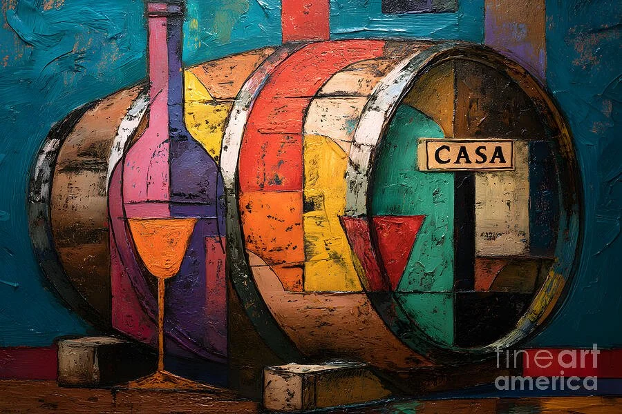 Casa Wine Barrel and Glass in Bold Geometric Style - Vibrant Abstract Composition with Rustic Flair