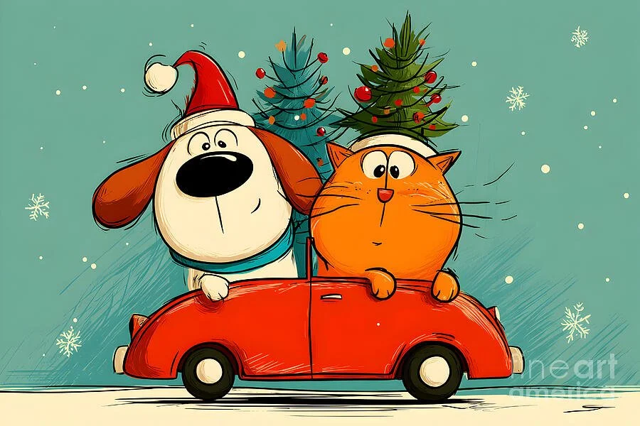 Paws on Parade- Cartoon Dog and Cat Driving Red Car Through Snowy Christmas