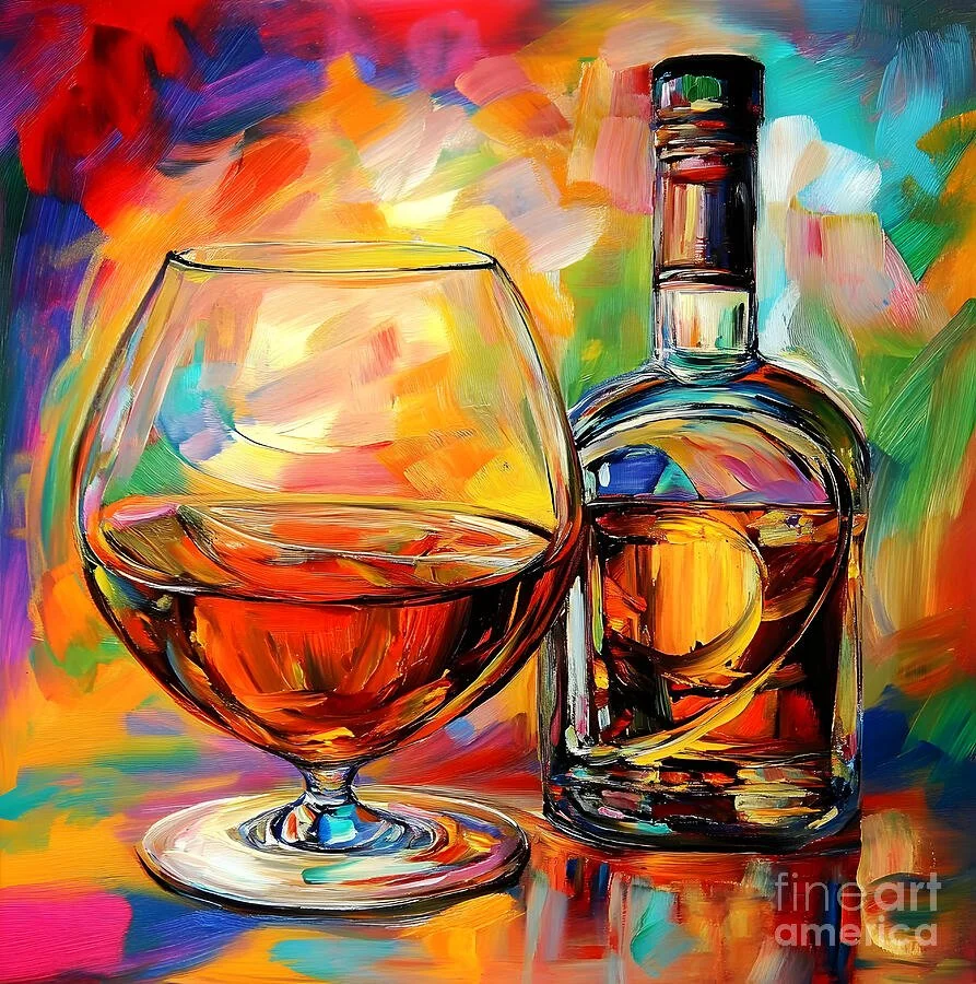 Celebrate Sophisticated Enjoyment - Brandy Glass and Bottle Amid Vibrant Multicolored Energy