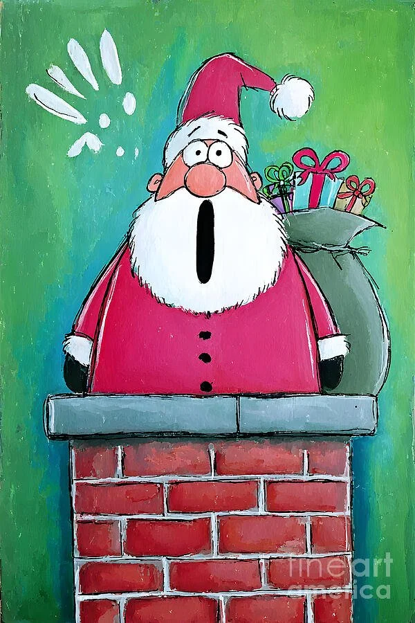 Too Many Christmas Cookies - Funny Santa Stuck in Chimney with Gift Bag