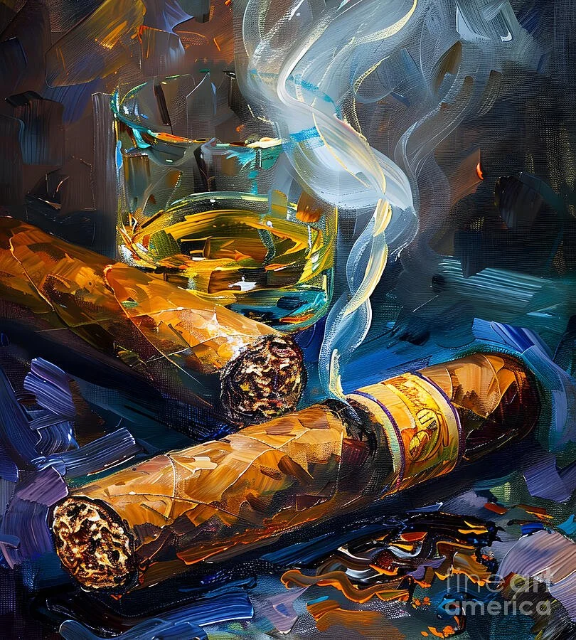 Luxurious Indulgence - Vivid Brushstrokes of Whiskey and Cigars in Relaxation