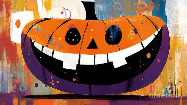 Whimsical Pumpkin Art with Wide Grin - Brightly Colored Halloween Decor Abstract Digital Art