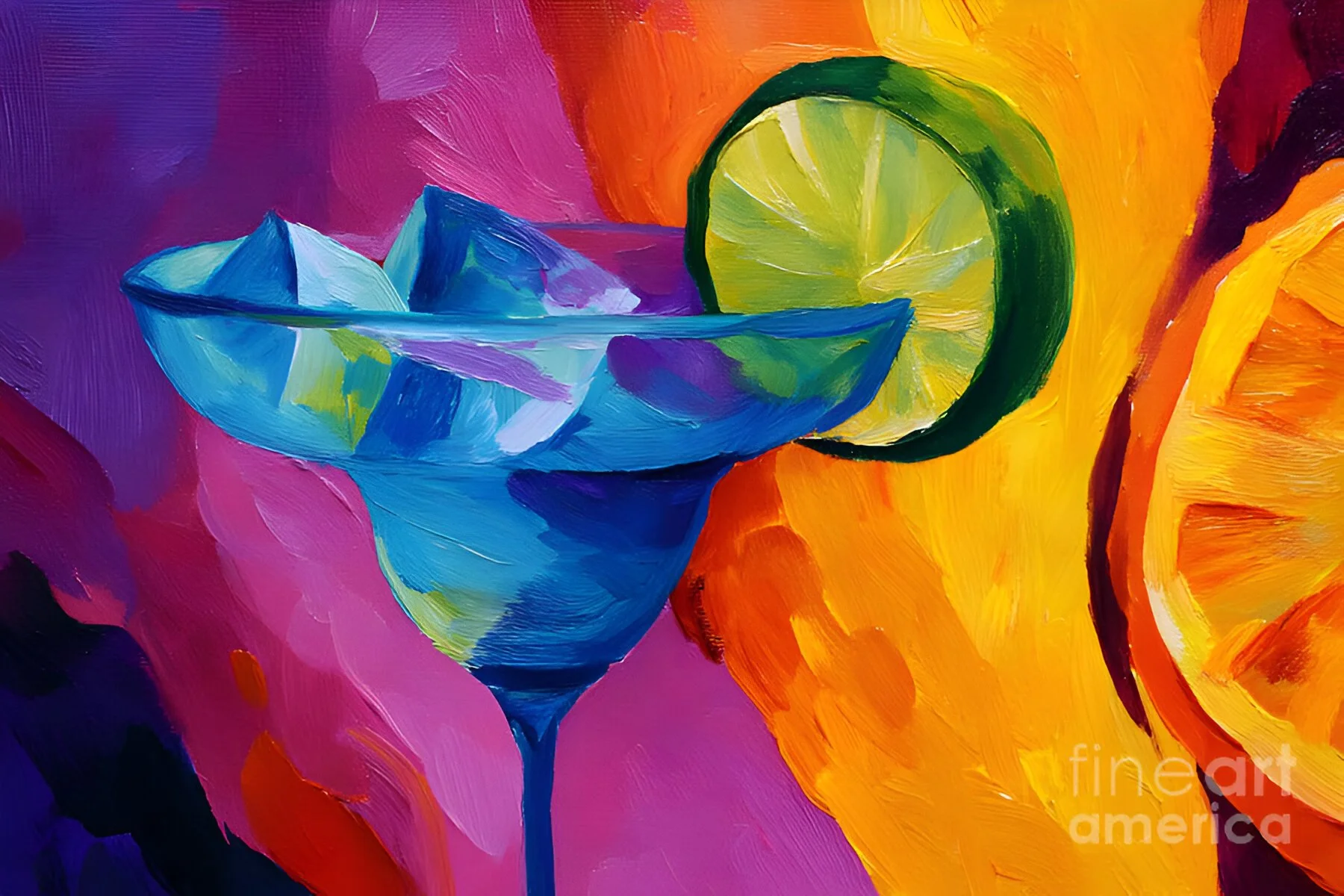 Vibrant Margarita Glass with Lime and Ice Against Swirling Background of Blue Pink Orange and Yellow