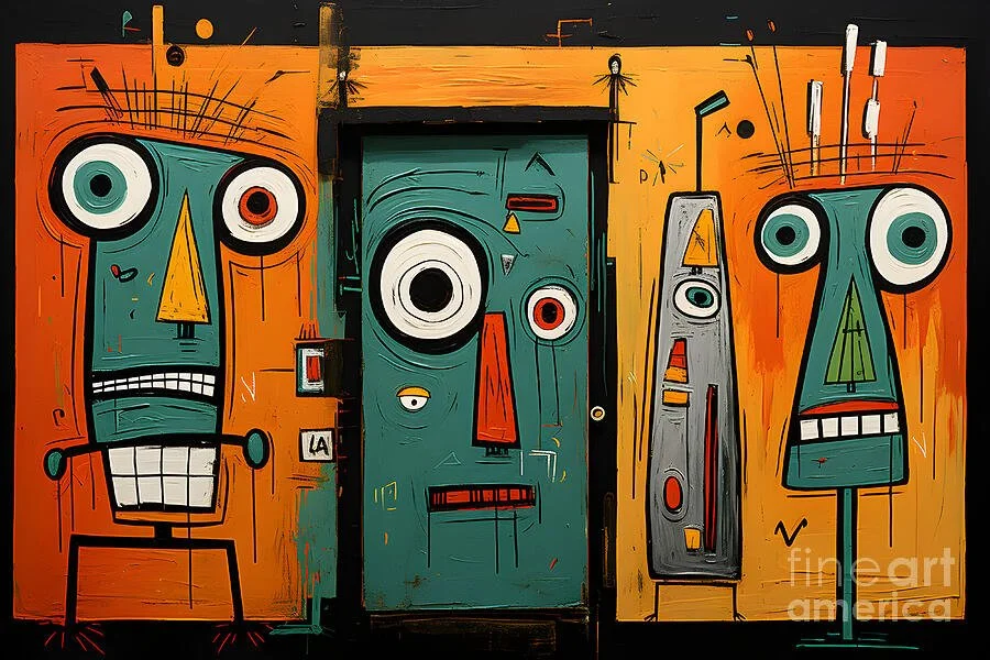Colorful Abstract Faces with Exaggerated Features in Bold Colors Expressing Modern Artistic Energy