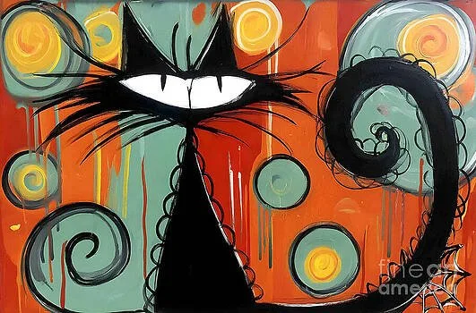 Leap Into Halloween Fun with a Whimsical Black Cat and Vibrant Playful Swirls