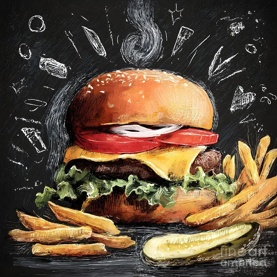 Savor a Juicy Cheeseburger with Fresh Lettuce, Tomato, Melted Cheese, Golden Fries, and Pickle