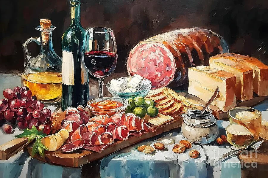 Indulge in a Lavish Charcuterie Spread with Cheeses, Meats, Fruits, and Wine